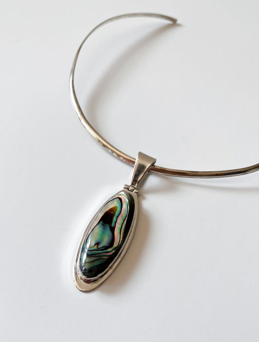 1990s Vintage Abalone Shell 925 Sterling Silver Collar Necklace