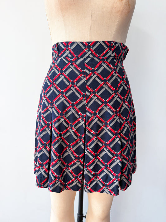 1990s Vintage Made in Italy Navy Horse Tack Print Preppy Sporty Skort Shorts Skirt