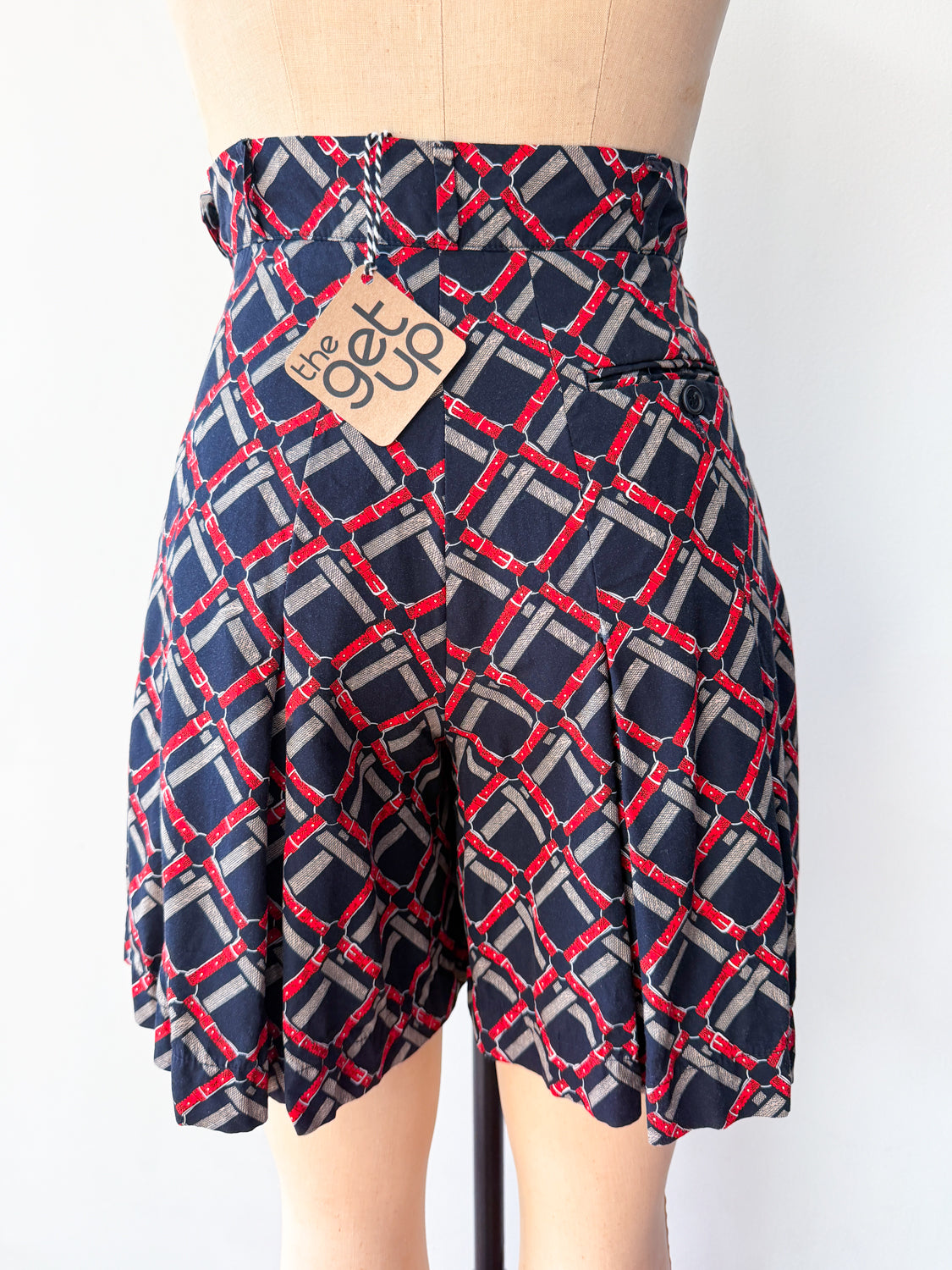 1990s Vintage Made in Italy Navy Horse Tack Print Preppy Sporty Skort Shorts Skirt