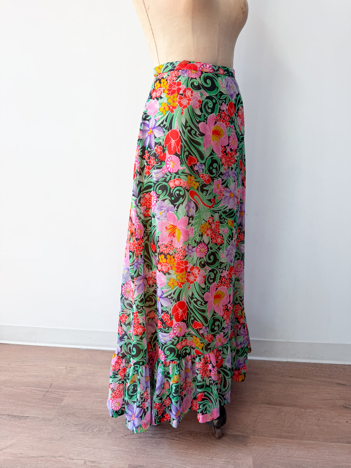 1970s Vintage Ruffle Floral Chiffon Maxi Skirt