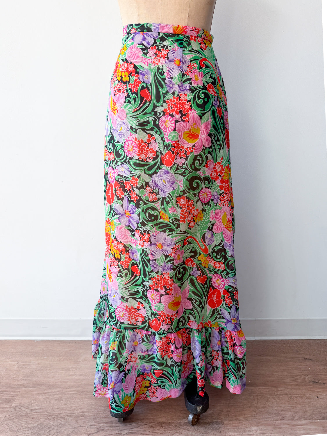 1970s Vintage Ruffle Floral Chiffon Maxi Skirt
