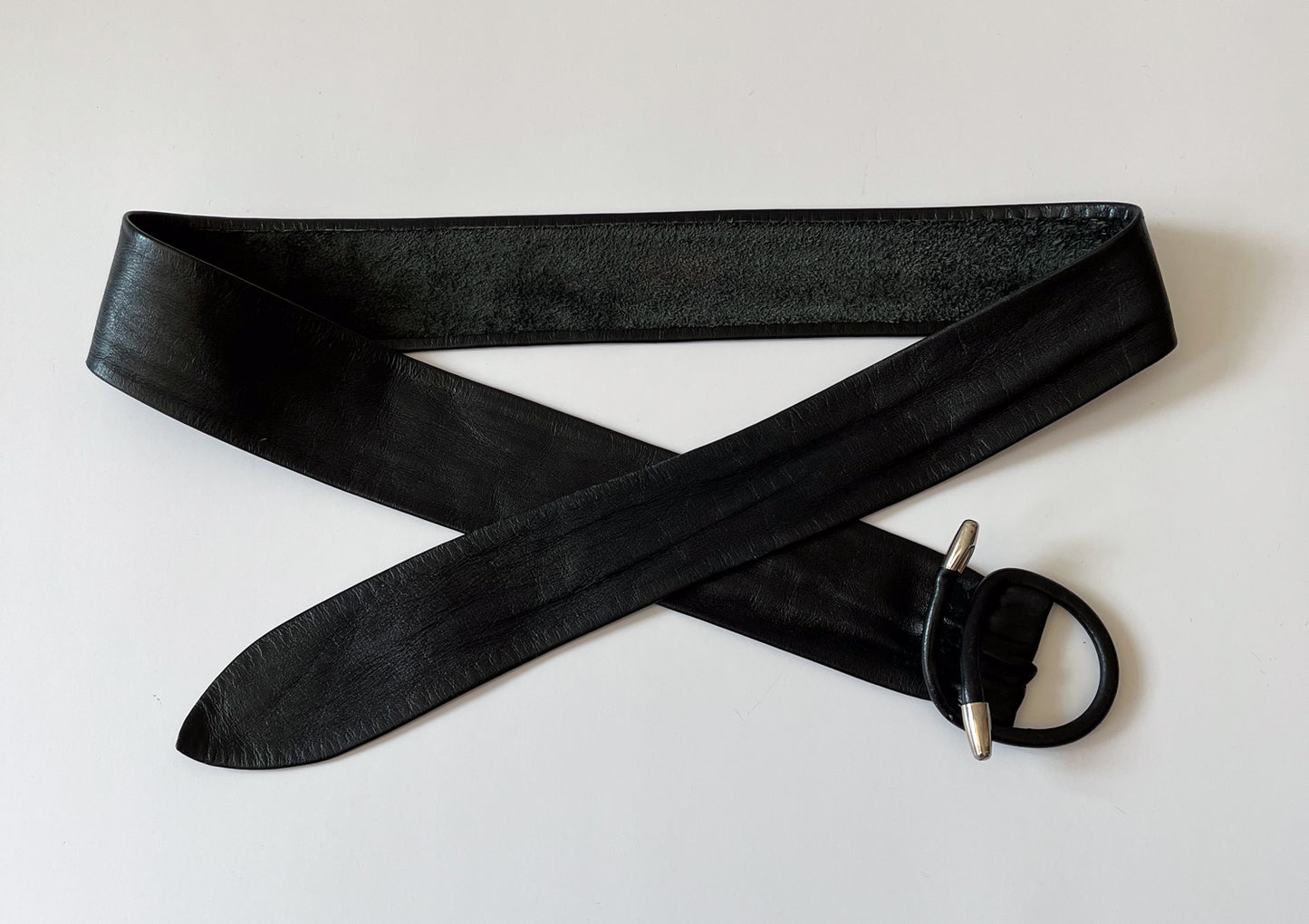 1980s Vintage Absract Buckle Black Leather Belt