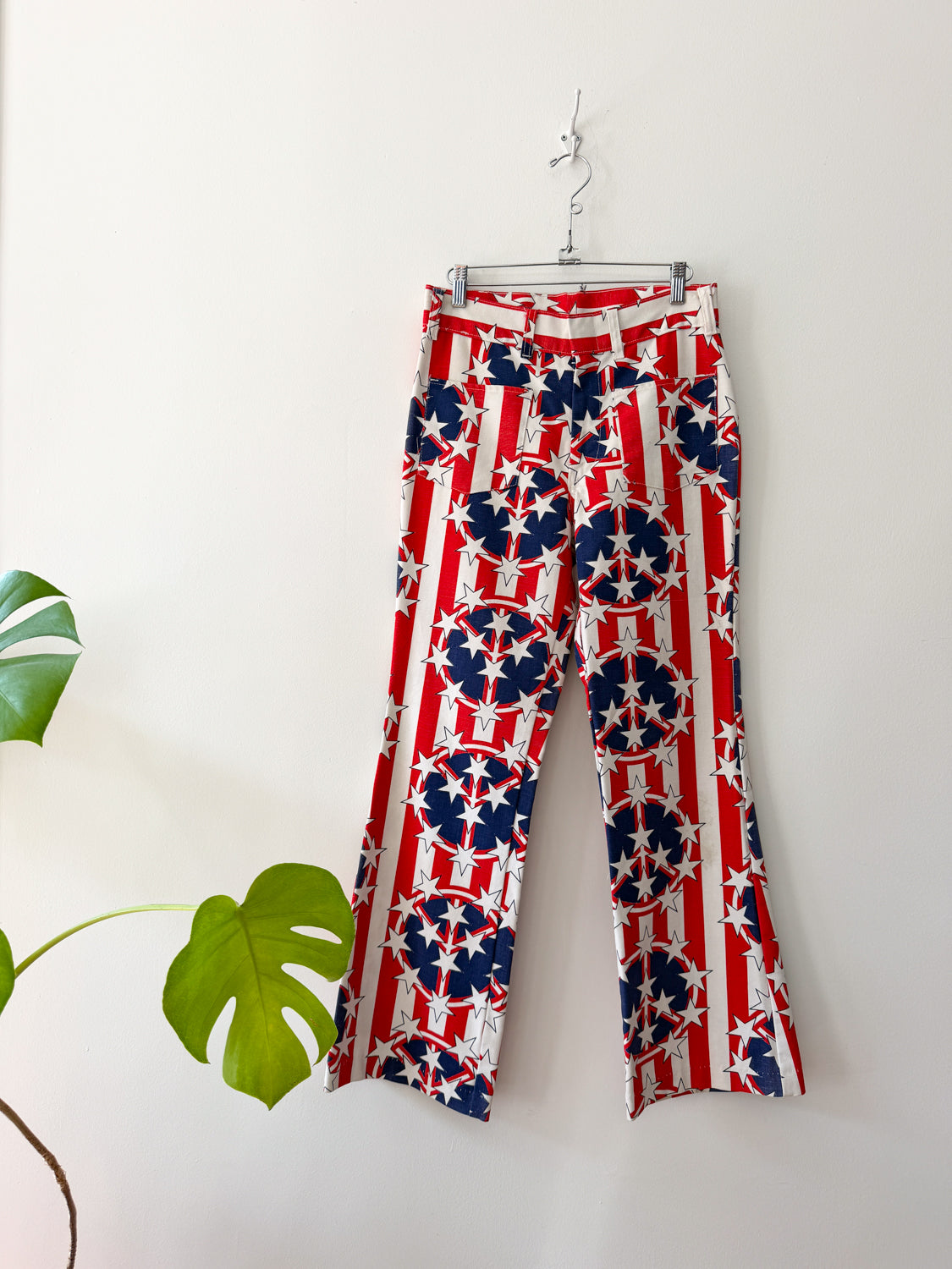 1970s Vintage Peace Sign Protest Stars and Stripes Flare Bellbottom Jeans