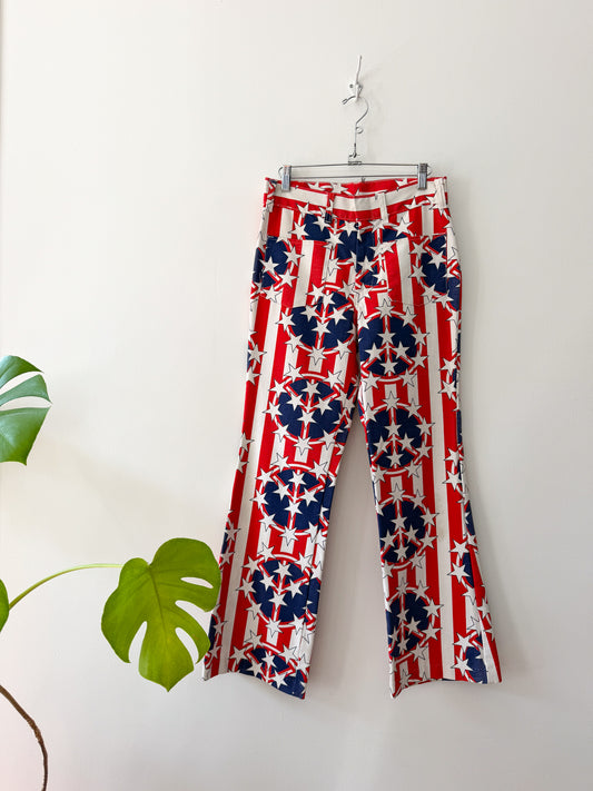 1970s Vintage Peace Sign Protest Stars and Stripes Flare Bellbottom Jeans