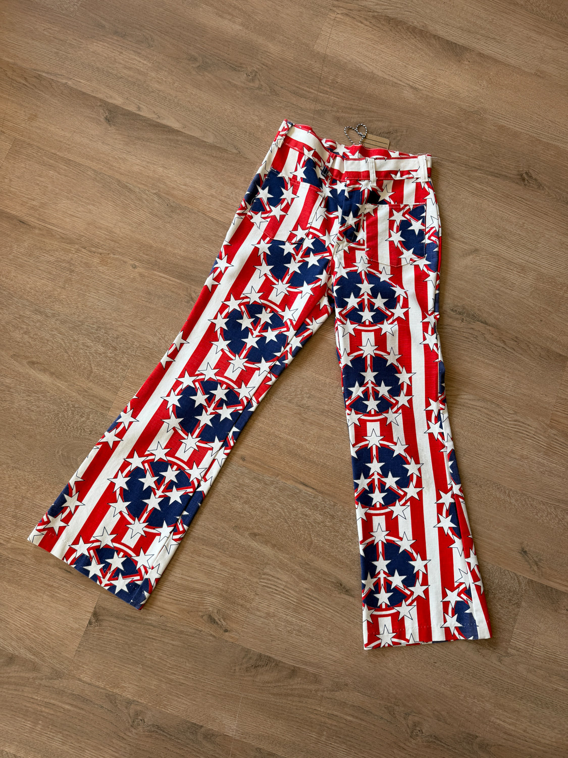 1970s Vintage Peace Sign Protest Stars and Stripes Flare Bellbottom Jeans
