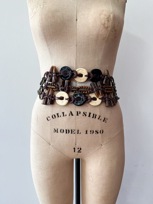 1990s Vintage Bronze Tone Bohemian Beaded Statement Belt