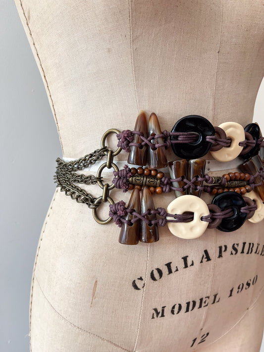 1990s Vintage Bronze Tone Bohemian Beaded Statement Belt