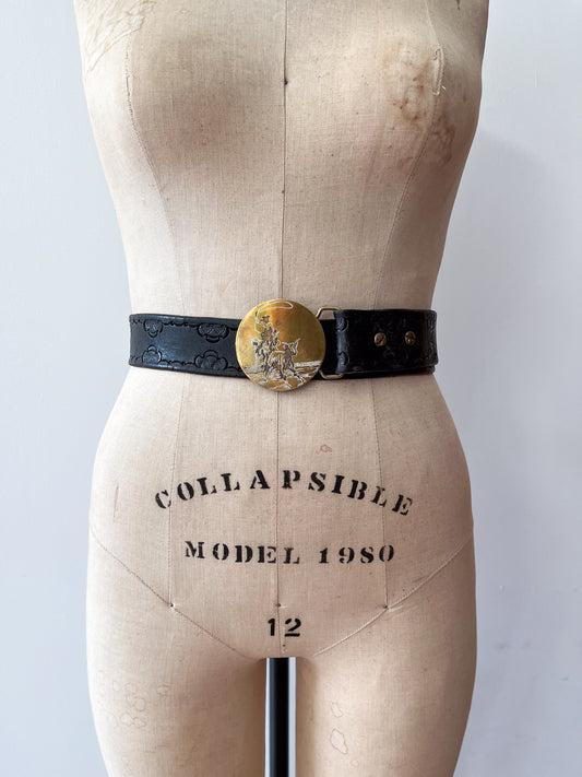 1970s Vintage USA Made Brass Cowboy Western Scene Leather Belt by Oden