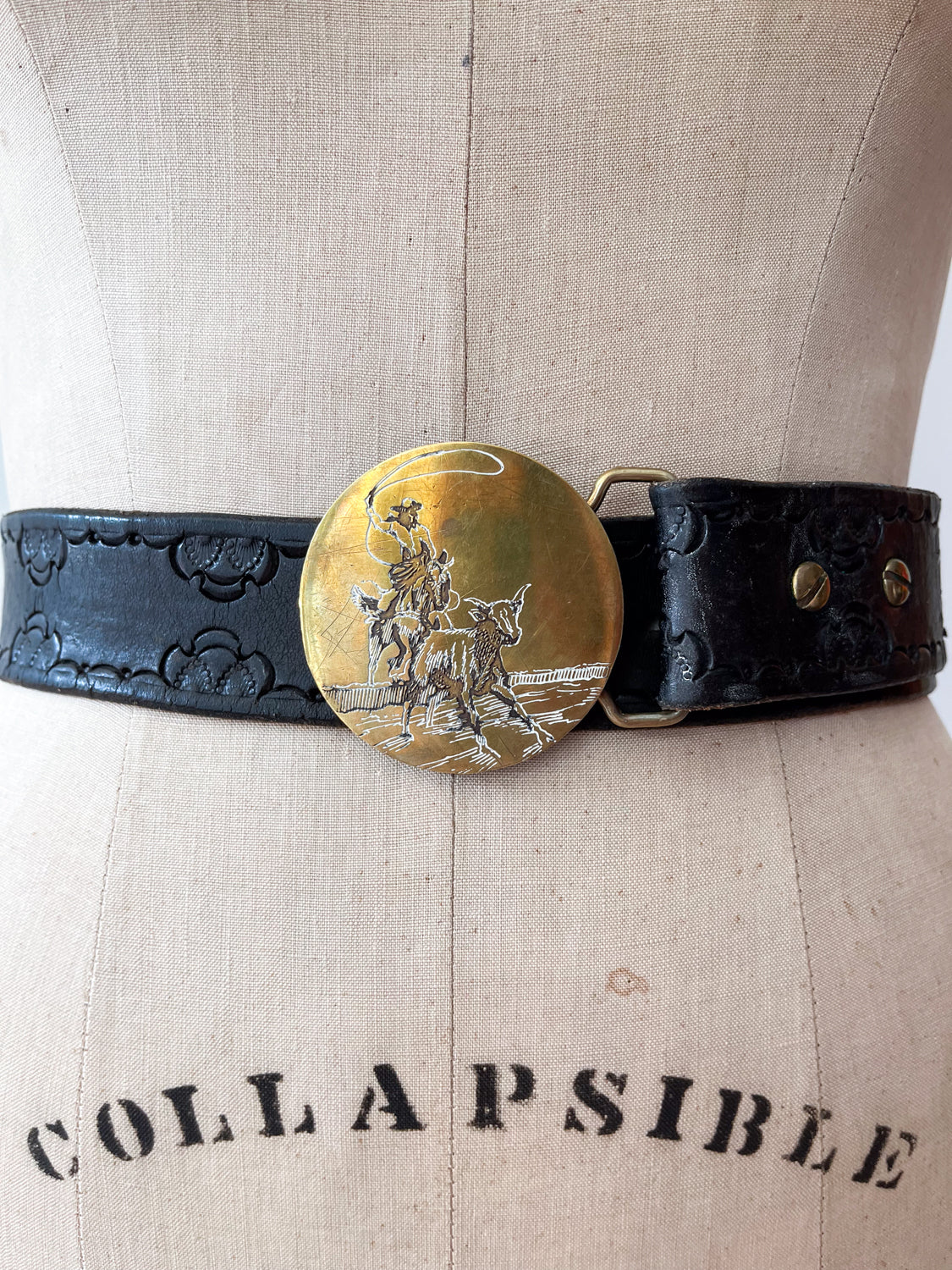 1970s Vintage USA Made Brass Cowboy Western Scene Leather Belt by Oden