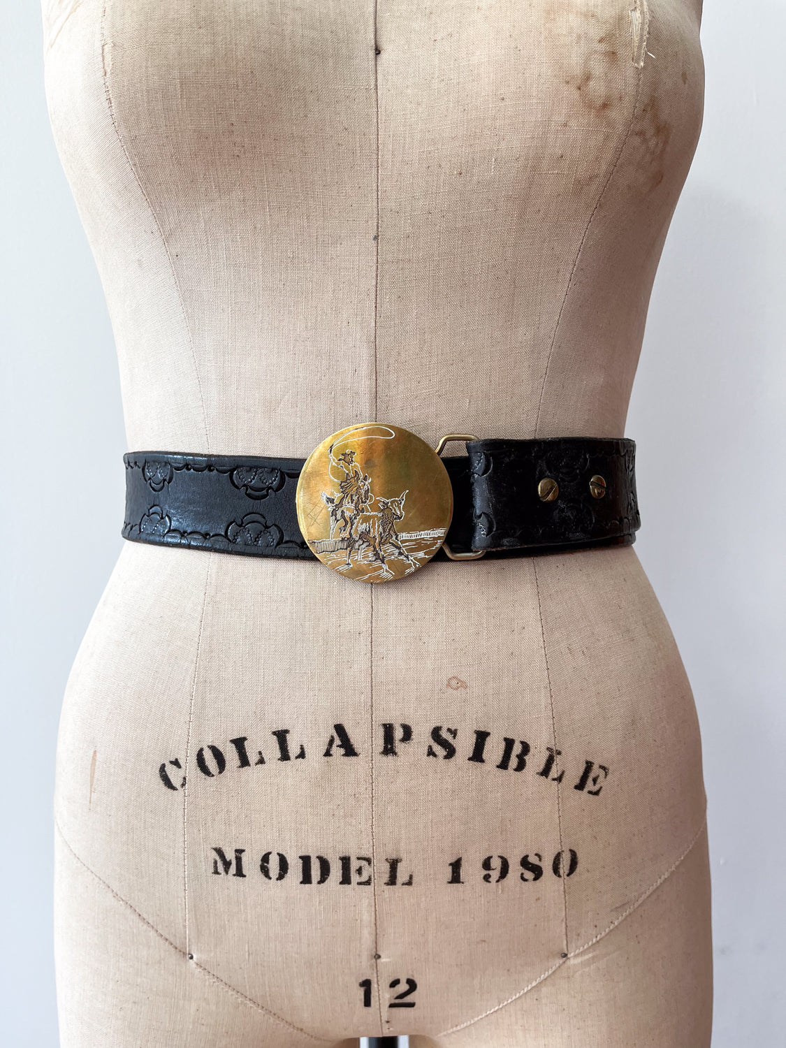 1970s Vintage USA Made Brass Cowboy Western Scene Leather Belt by Oden