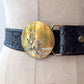 1970s Vintage USA Made Brass Cowboy Western Scene Leather Belt by Oden