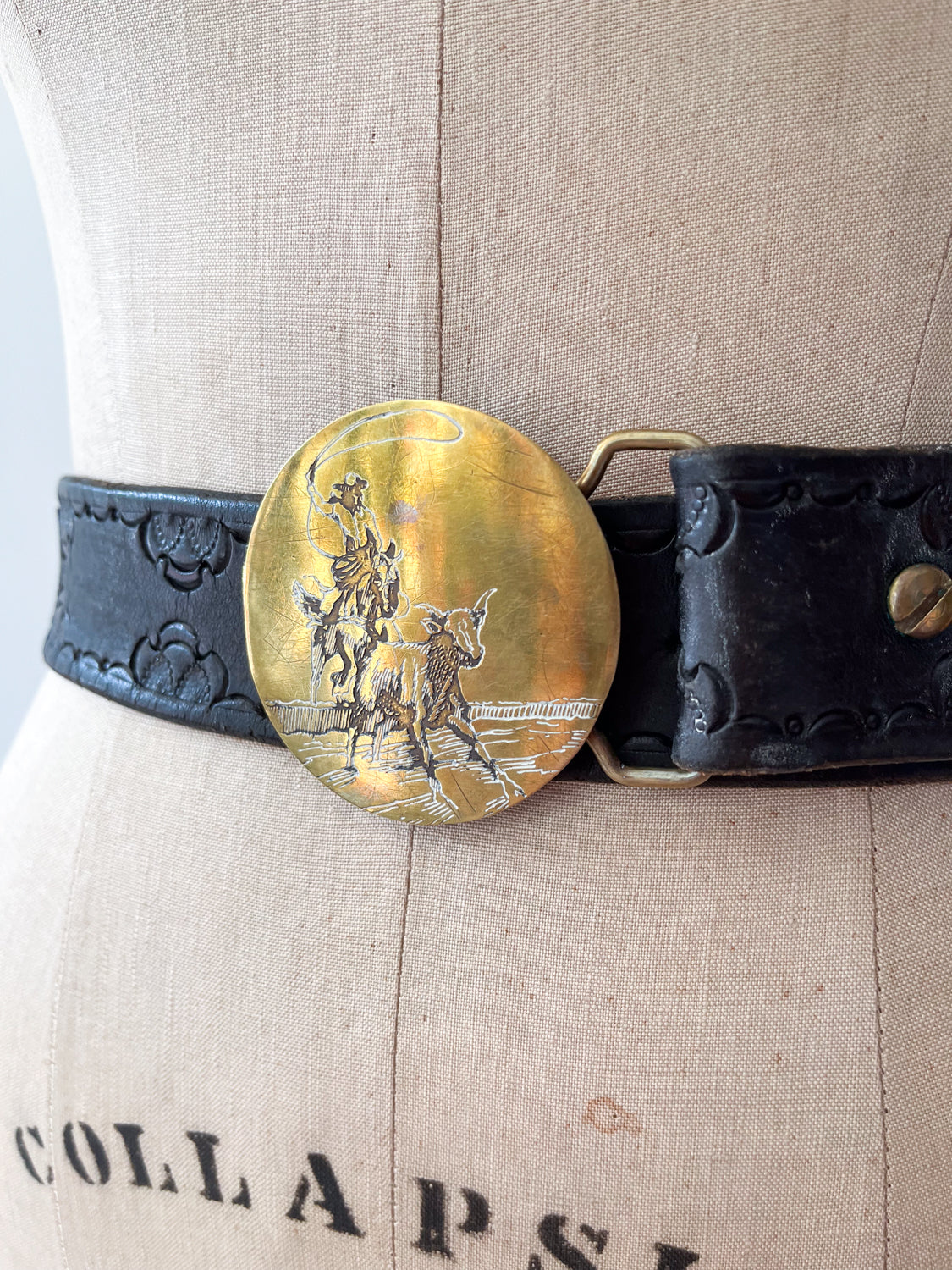 1970s Vintage USA Made Brass Cowboy Western Scene Leather Belt by Oden