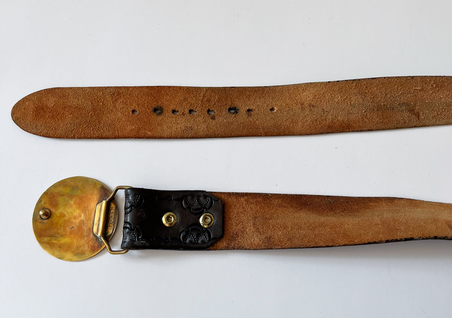 1970s Vintage USA Made Brass Cowboy Western Scene Leather Belt by Oden