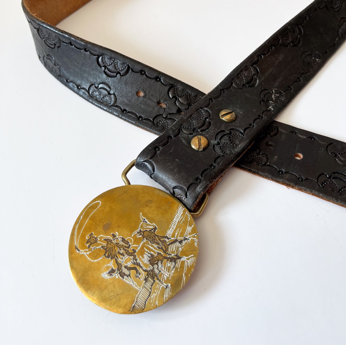 1970s Vintage USA Made Brass Cowboy Western Scene Leather Belt by Oden