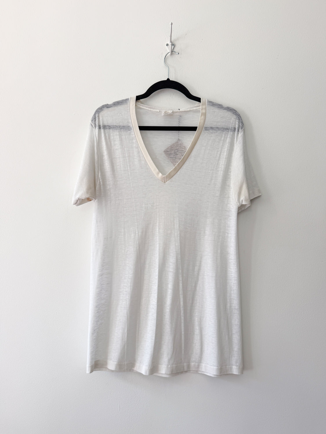 1990s Vintage USA Made Thrashed and Super Thin White Cotton V-Neck Tee Shirt