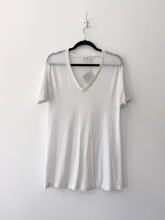 1990s Vintage USA Made Thrashed and Super Thin White Cotton V-Neck Tee Shirt