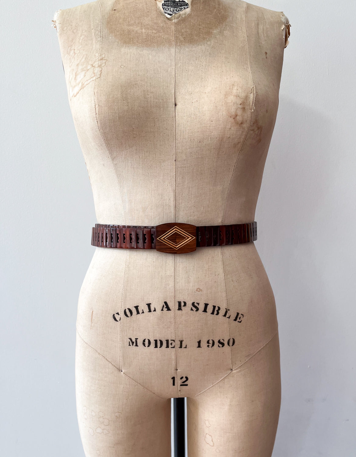 1970s Vintage MCM Adjustable Wooden Diamond Pattern Buckle Belt
