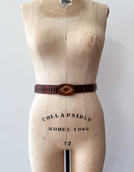 1970s Vintage MCM Adjustable Wooden Diamond Pattern Buckle Belt