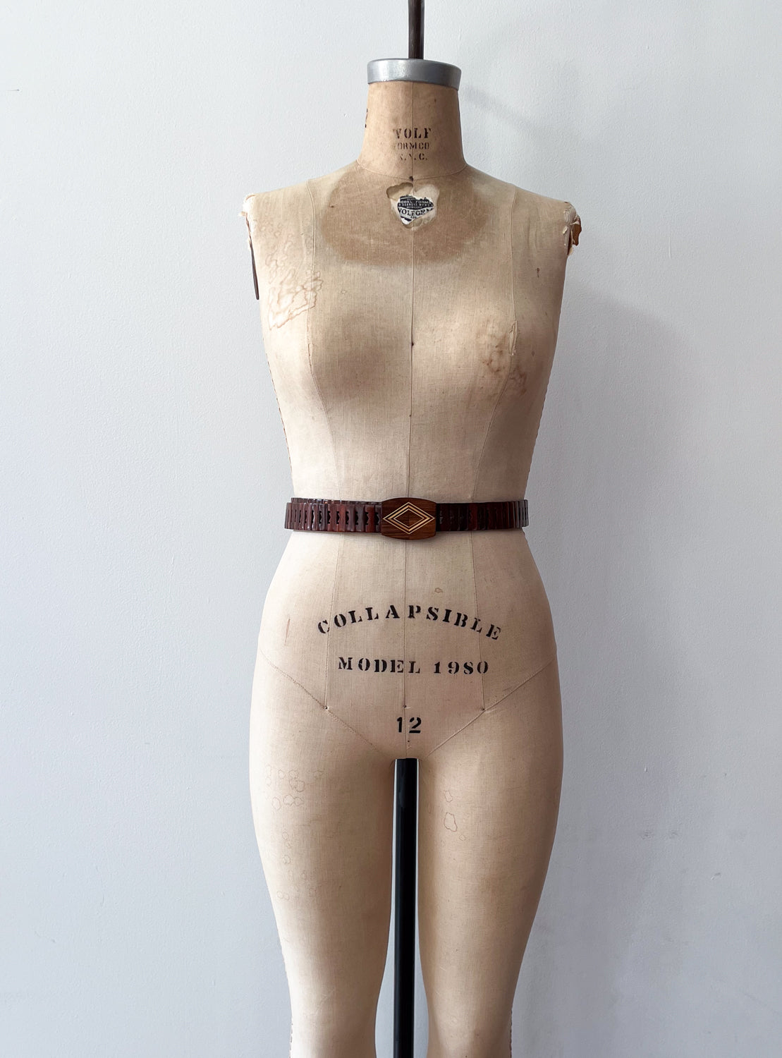1970s Vintage MCM Adjustable Wooden Diamond Pattern Buckle Belt
