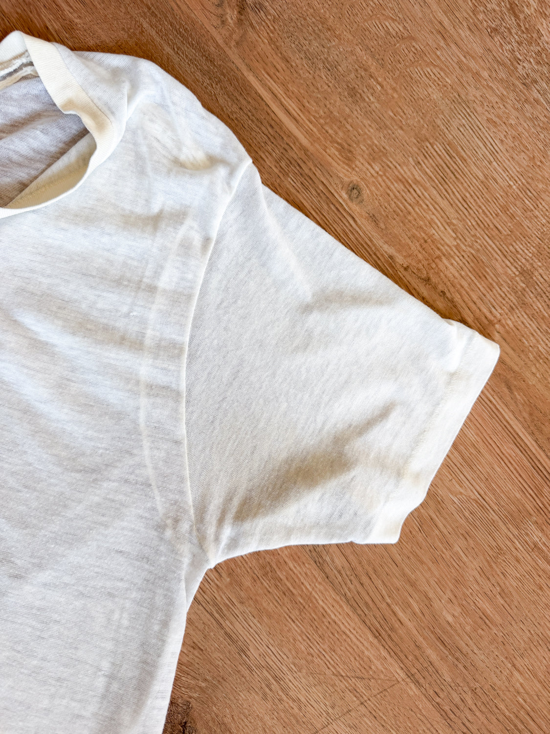 1990s Vintage USA Made Thrashed and Super Thin White Cotton V-Neck Tee Shirt