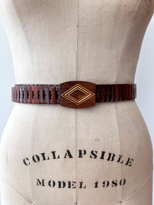 1970s Vintage MCM Adjustable Wooden Diamond Pattern Buckle Belt