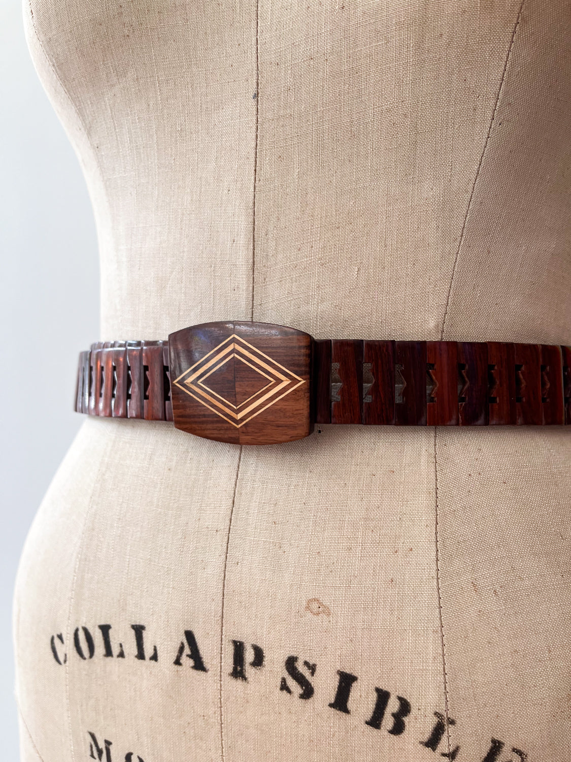 1970s Vintage MCM Adjustable Wooden Diamond Pattern Buckle Belt