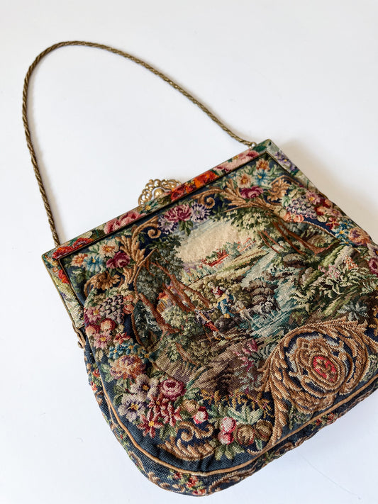 1940s - 1950s Scenic Needlepoint Handbag Made in Austria