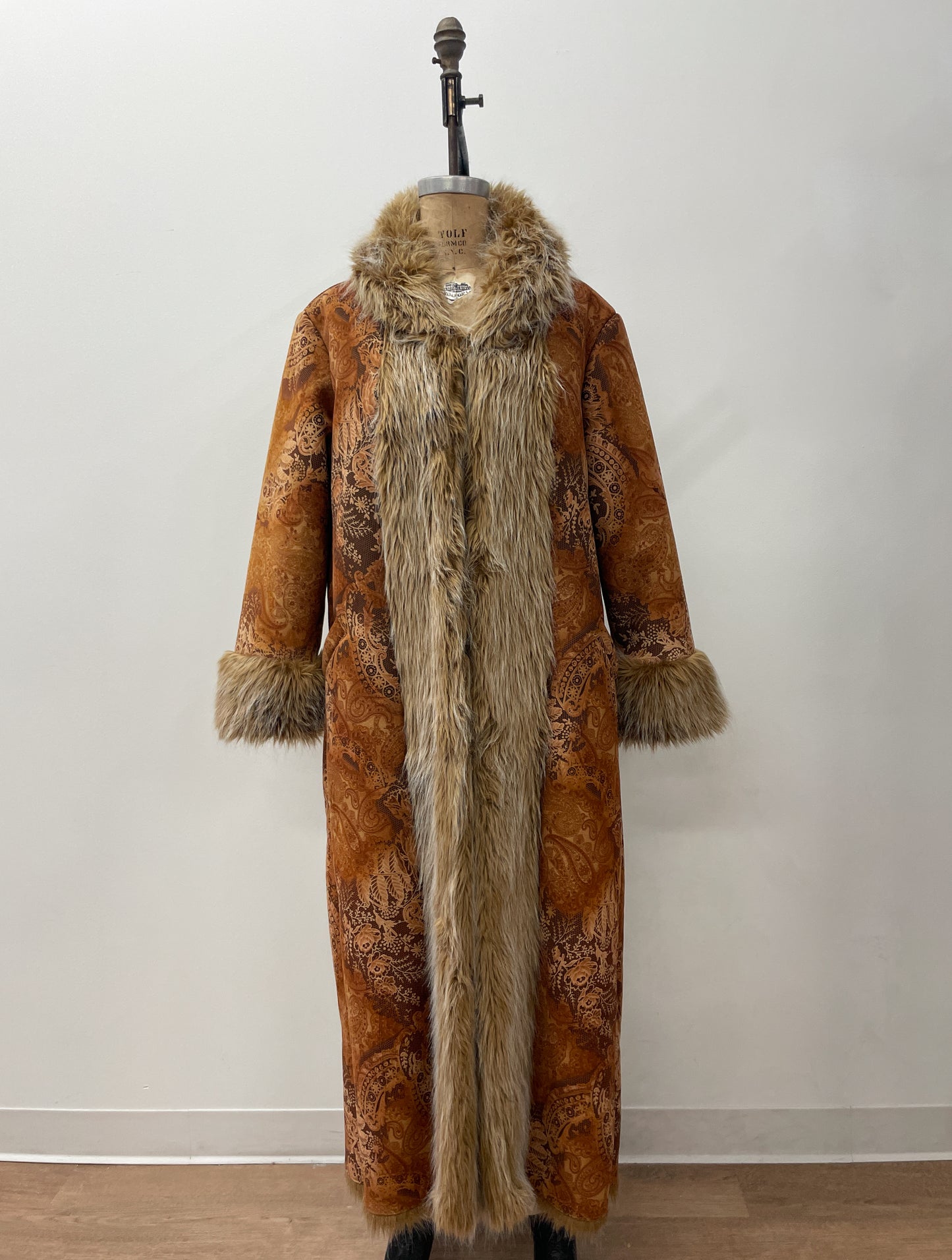 1990s does 1970s Vintage Insane Faux Fur Paisley Print Long Penny Lane Coat Jacket