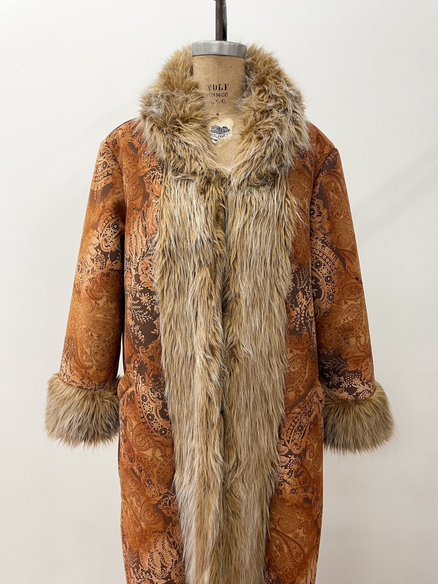 1990s does 1970s Vintage Insane Faux Fur Paisley Print Long Penny Lane Coat Jacket