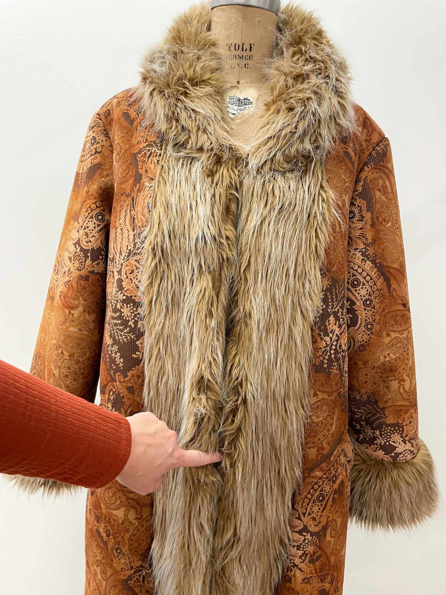 1990s does 1970s Vintage Insane Faux Fur Paisley Print Long Penny Lane Coat Jacket