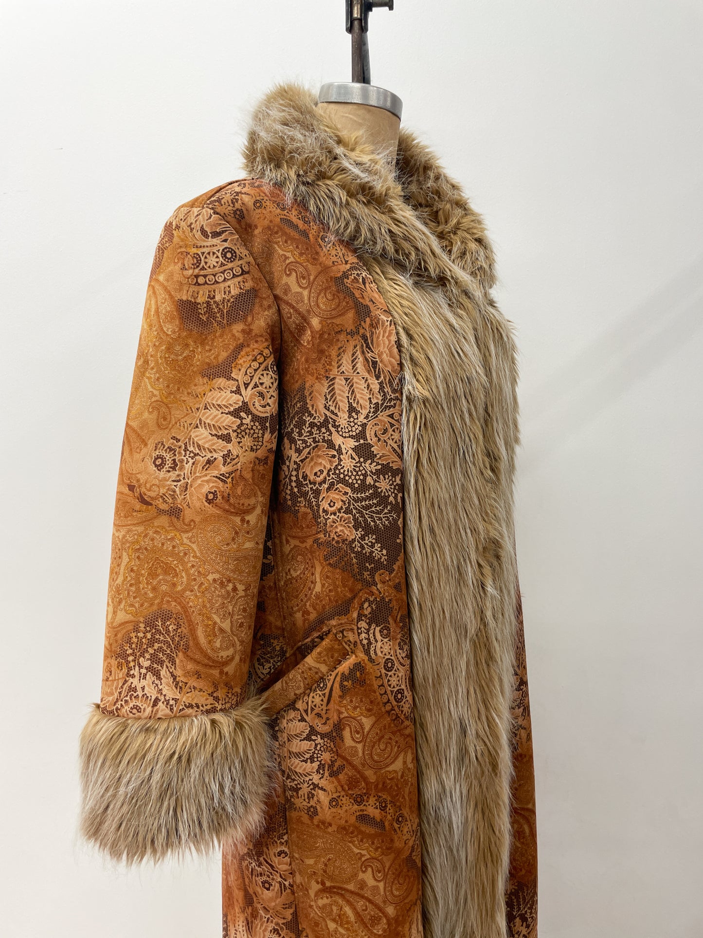 1990s does 1970s Vintage Insane Faux Fur Paisley Print Long Penny Lane Coat Jacket