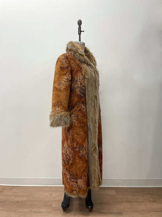 1990s does 1970s Vintage Insane Faux Fur Paisley Print Long Penny Lane Coat Jacket