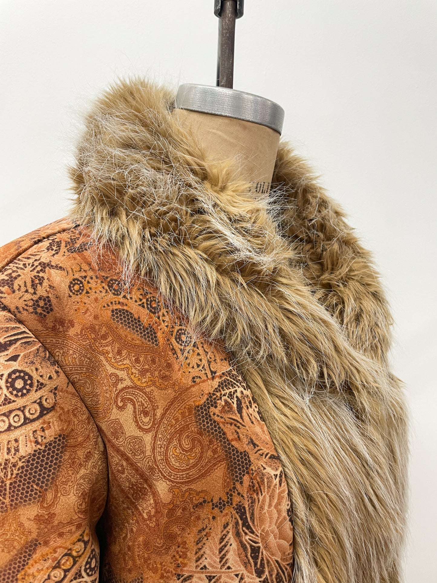 1990s does 1970s Vintage Insane Faux Fur Paisley Print Long Penny Lane Coat Jacket