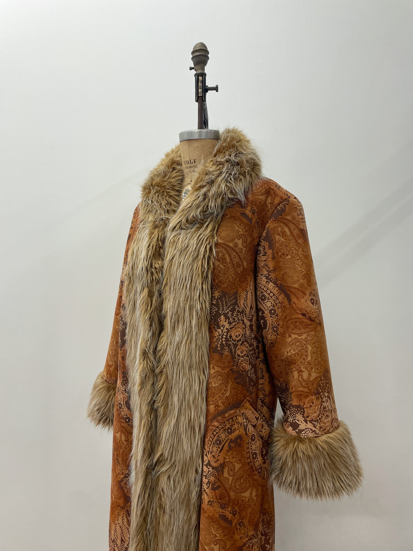 1990s does 1970s Vintage Insane Faux Fur Paisley Print Long Penny Lane Coat Jacket