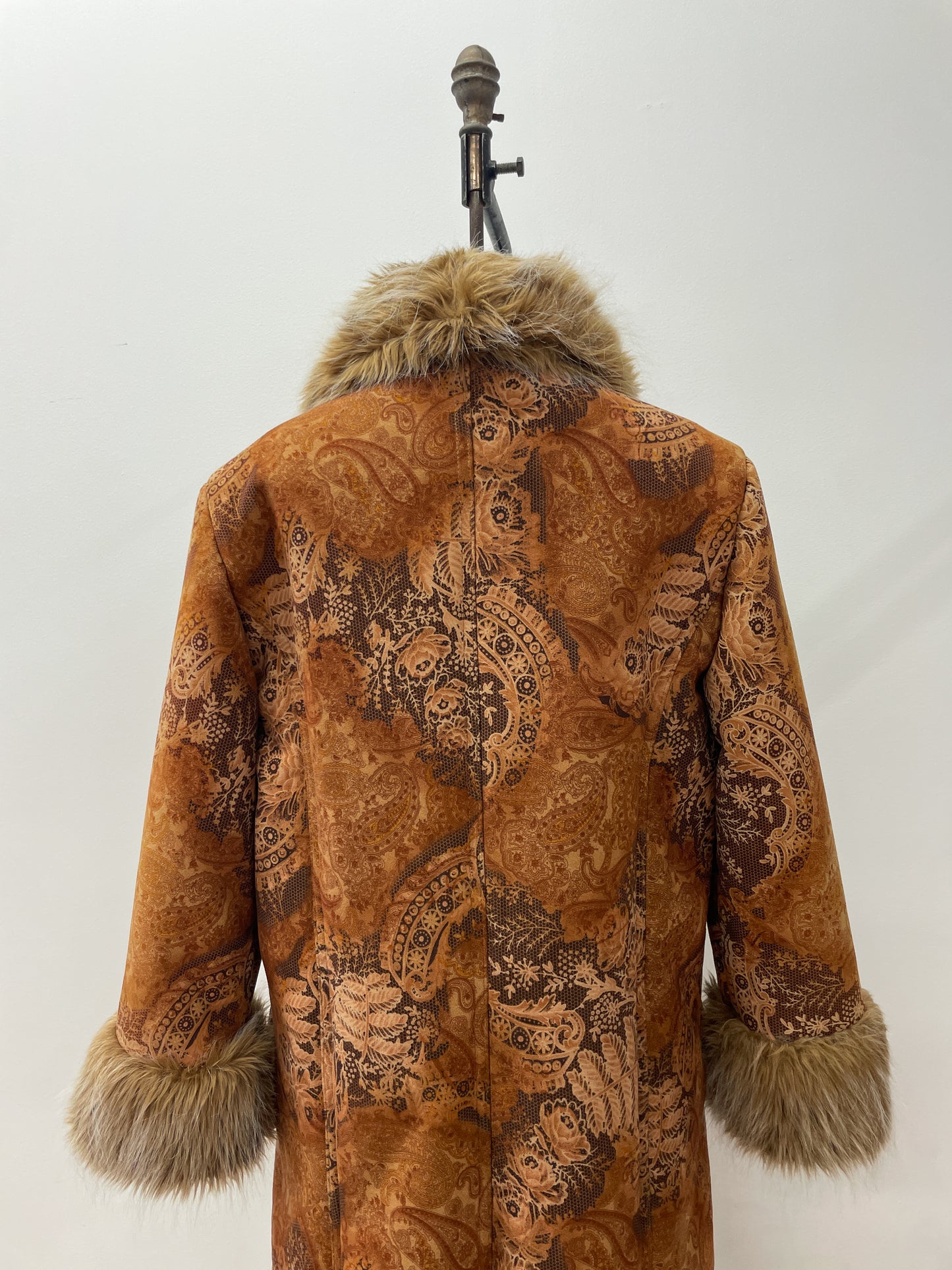 1990s does 1970s Vintage Insane Faux Fur Paisley Print Long Penny Lane Coat Jacket