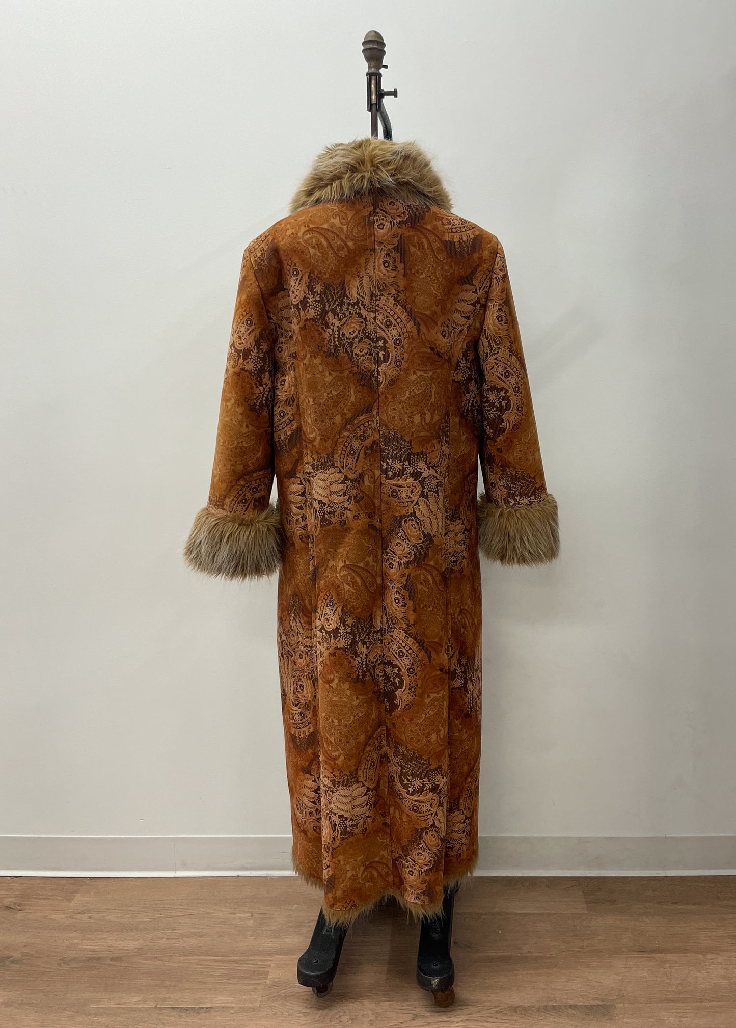 1990s does 1970s Vintage Insane Faux Fur Paisley Print Long Penny Lane Coat Jacket