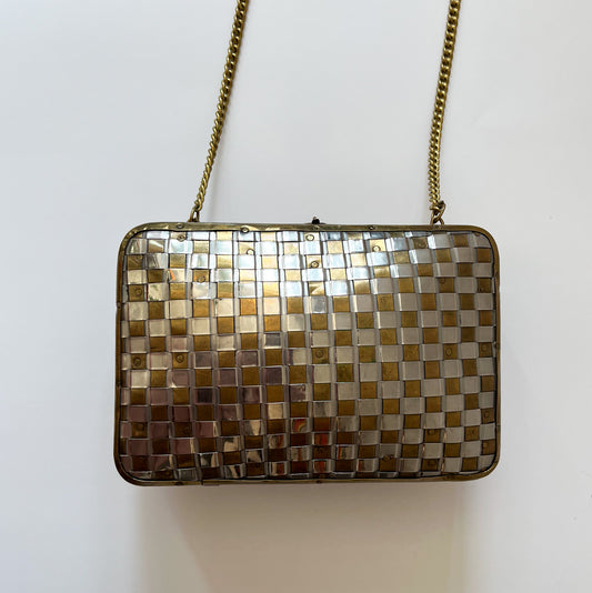 1970s Vintage Made in India Woven Brass and Silver Hammered Checkerboard Clutch Bag