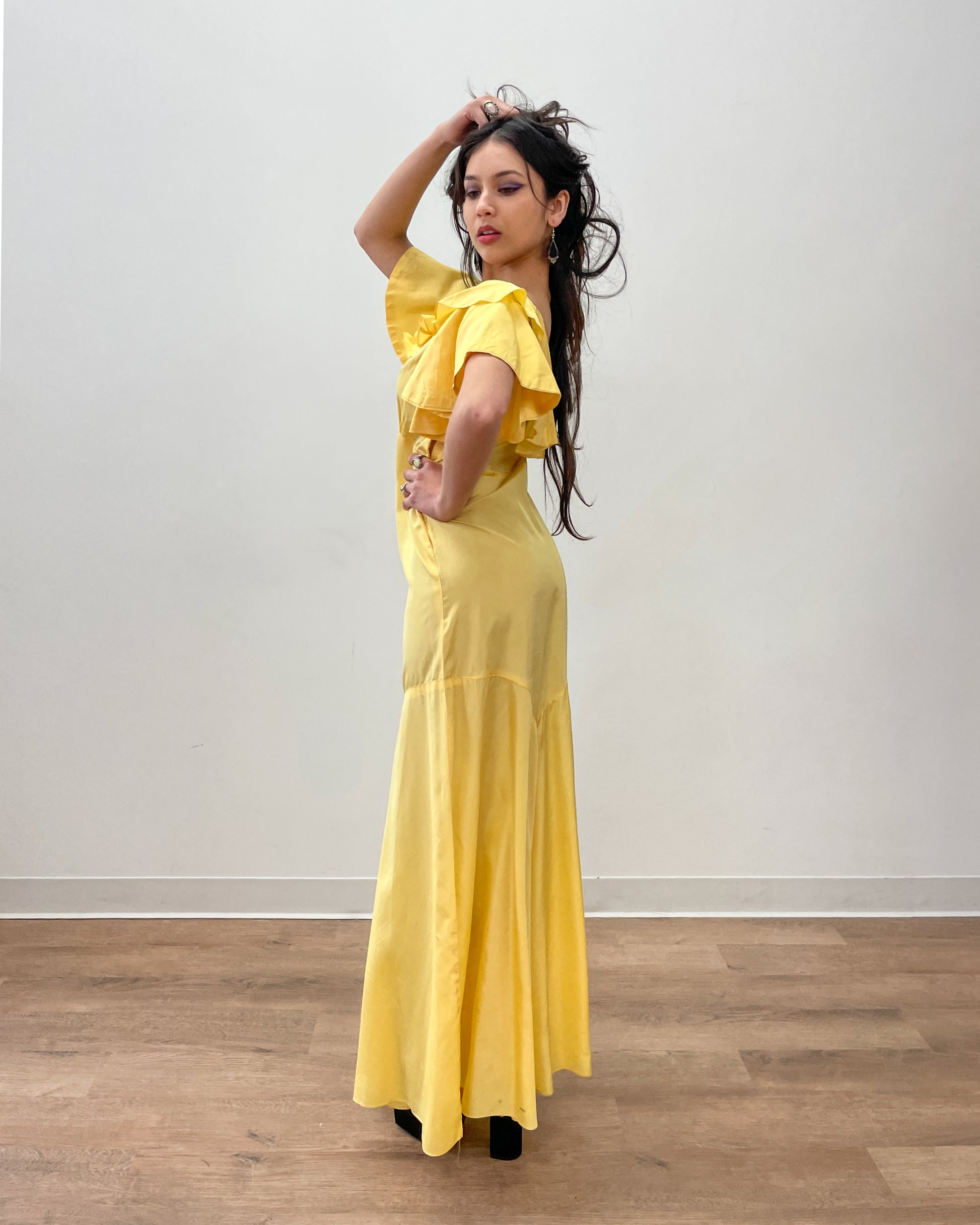 buttercup yellow dress 1930s Vintage Antique Buttercup Yellow Flutter Sleeve Bias Cut Crepe Rayon Gown Dress