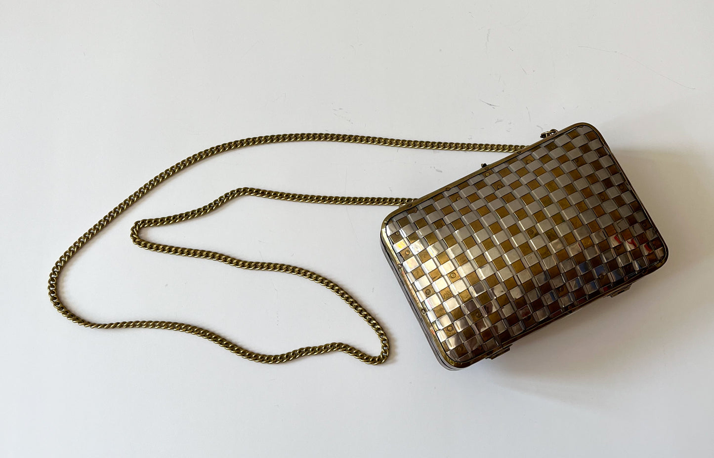 1970s Vintage Made in India Woven Brass and Silver Hammered Checkerboard Clutch Bag