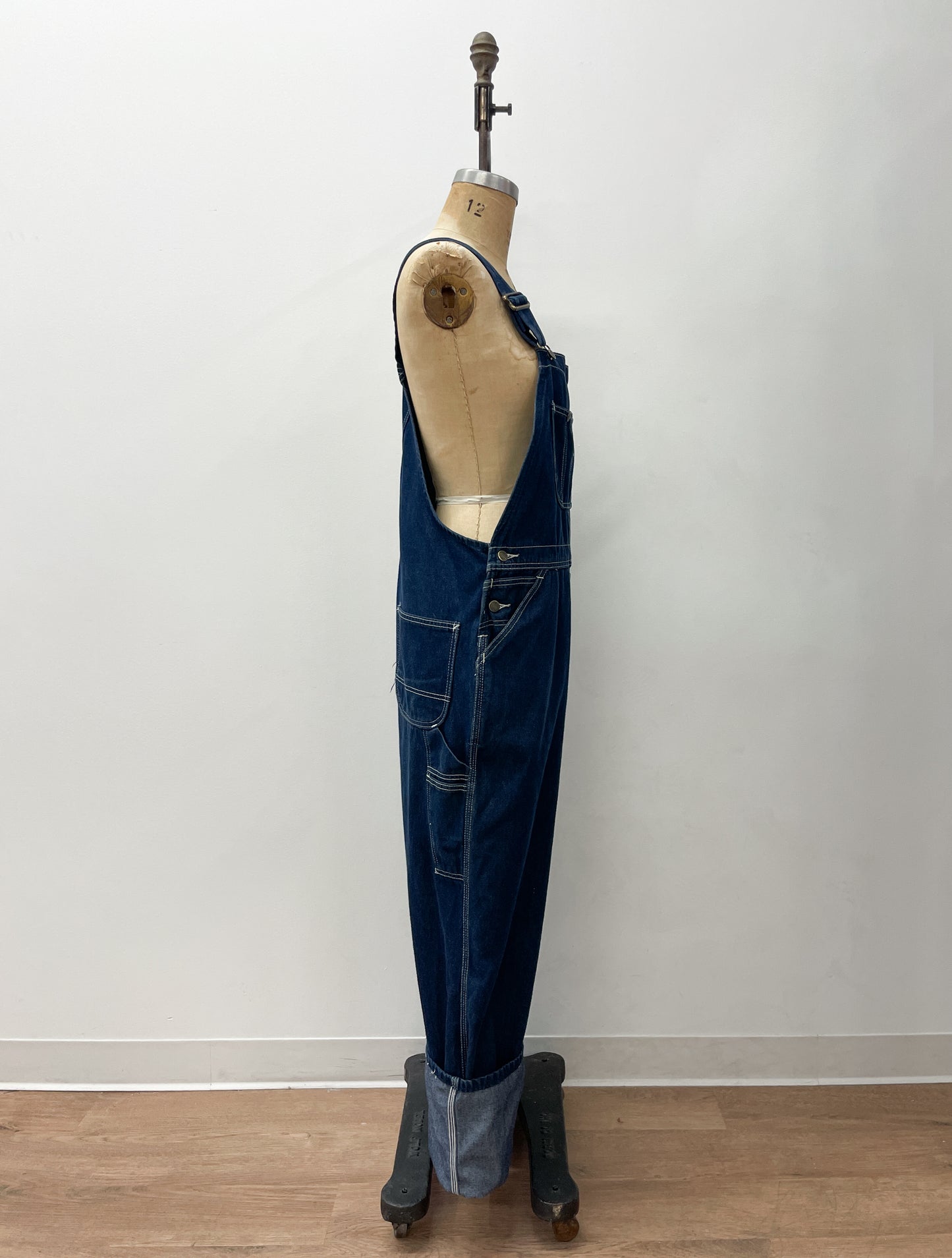 1980s Vintage Sears Roebucks Contrast Stitch Dark Blue Denim Overalls