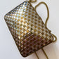 1970s Vintage Made in India Woven Brass and Silver Hammered Checkerboard Clutch Bag