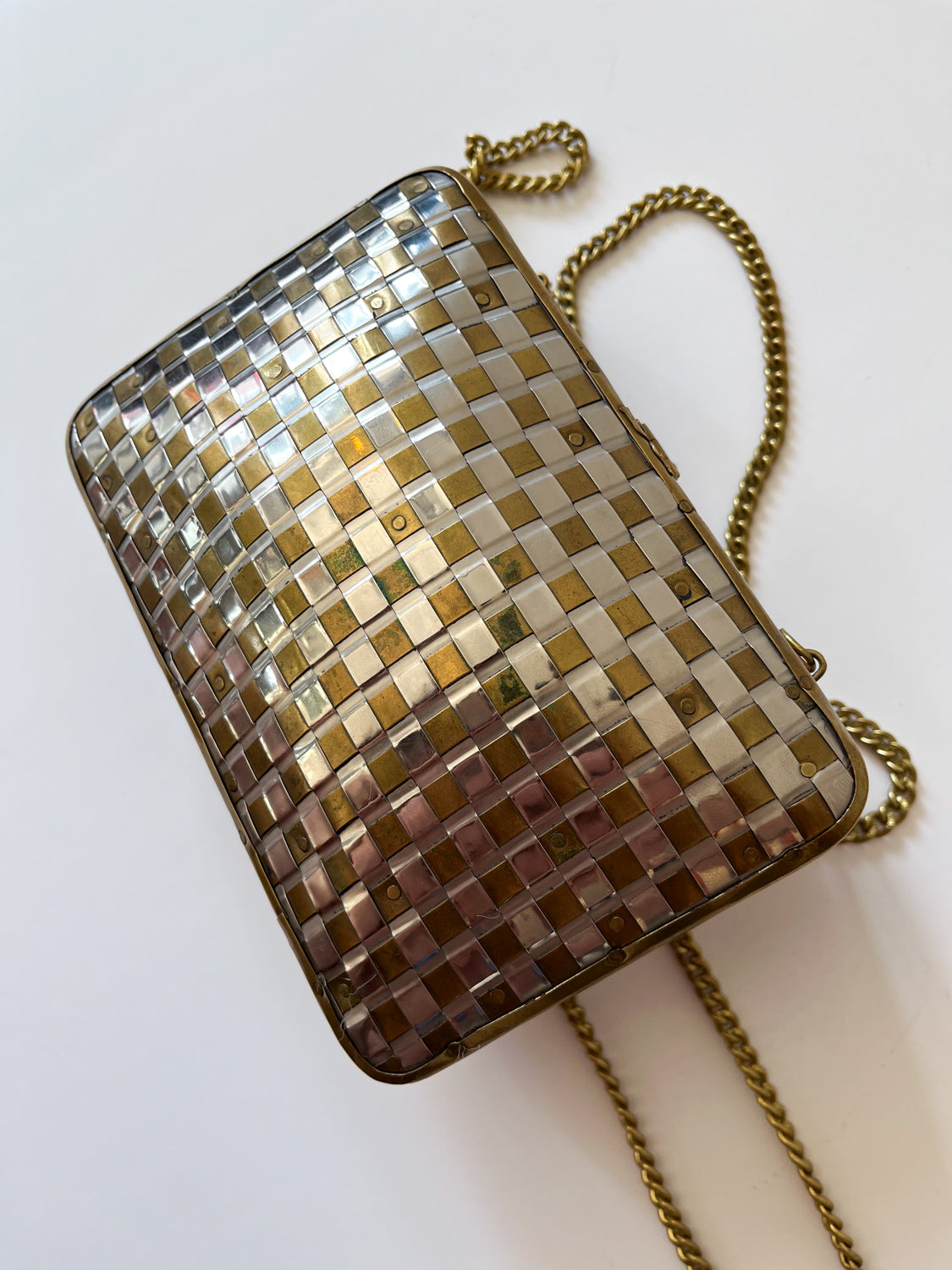 1970s Vintage Made in India Woven Brass and Silver Hammered Checkerboard Clutch Bag