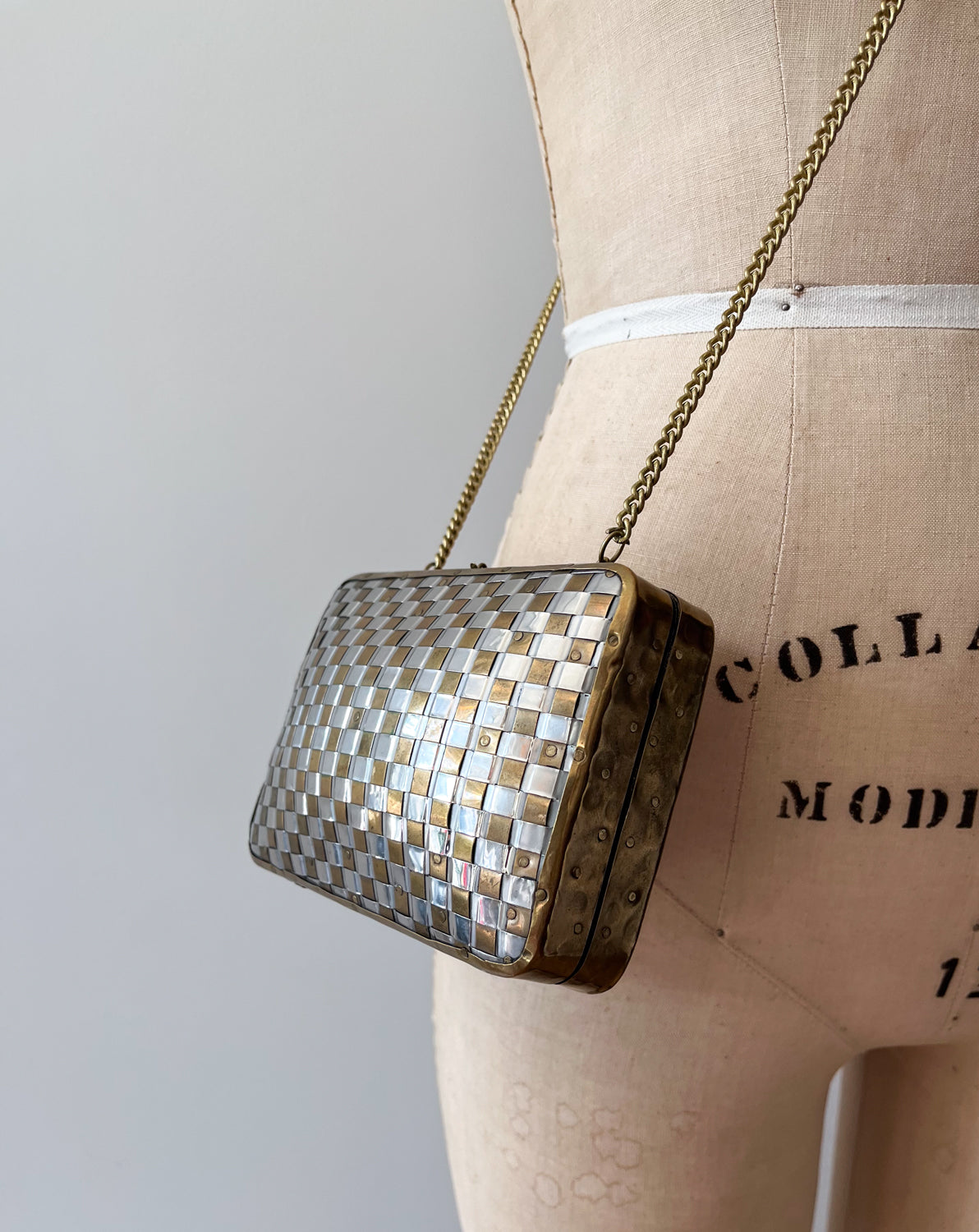 1970s Vintage Made in India Woven Brass and Silver Hammered Checkerboard Clutch Bag