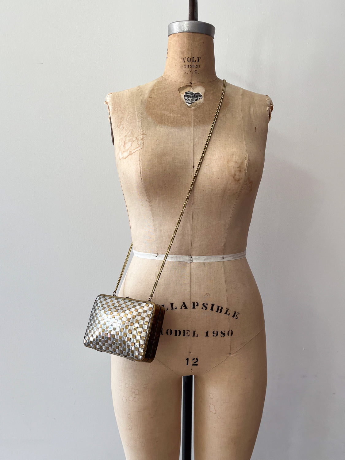 1970s Vintage Made in India Woven Brass and Silver Hammered Checkerboard Clutch Bag