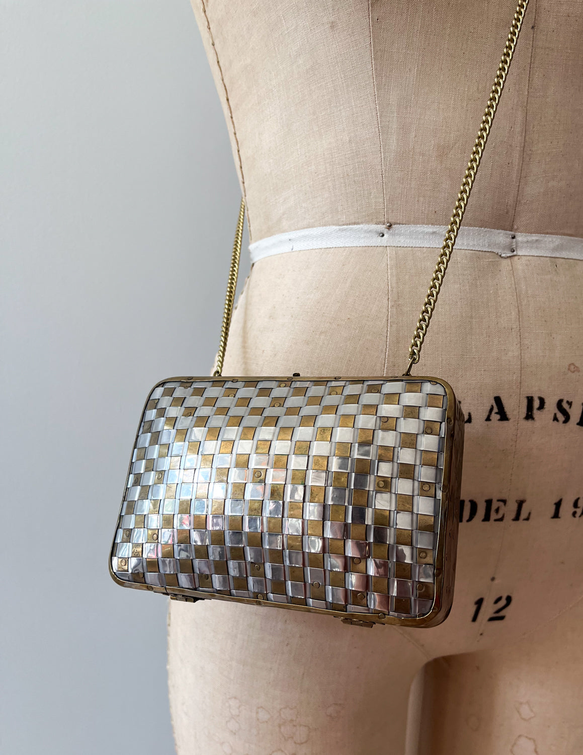 1970s Vintage Made in India Woven Brass and Silver Hammered Checkerboard Clutch Bag