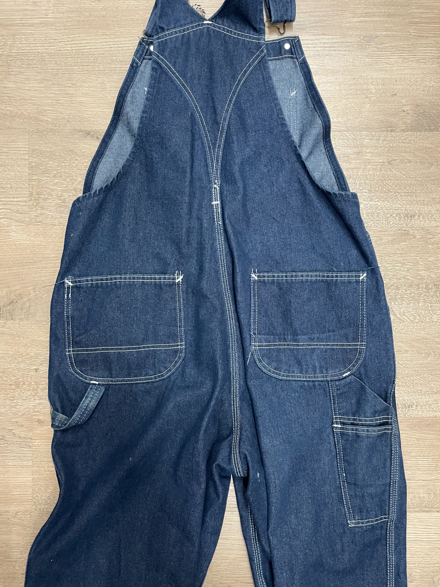 1980s Vintage Sears Roebucks Contrast Stitch Dark Blue Denim Overalls