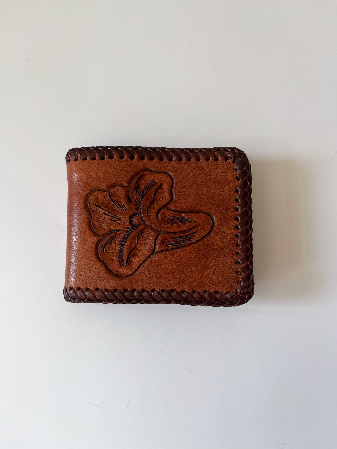 1950s Vintage Tooled Leather Lily Wallet with Plastic Insert
