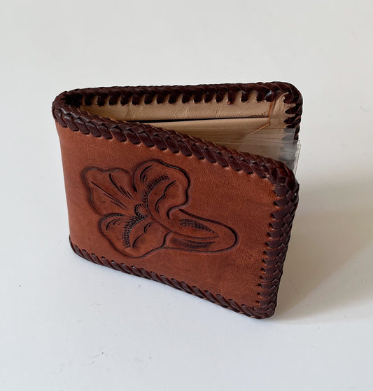 1950s Vintage Tooled Leather Lily Wallet with Plastic Insert
