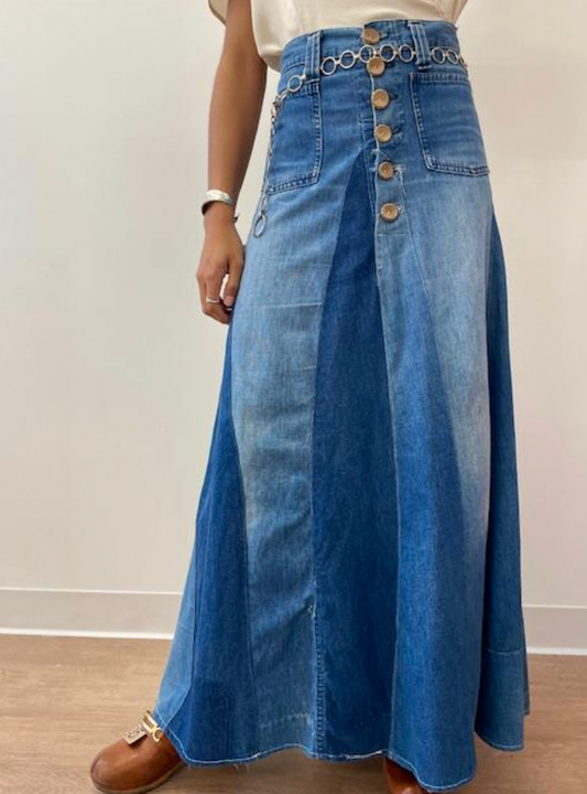 1970s Vintage Denim Handmade Patchwork Maxi Skirt