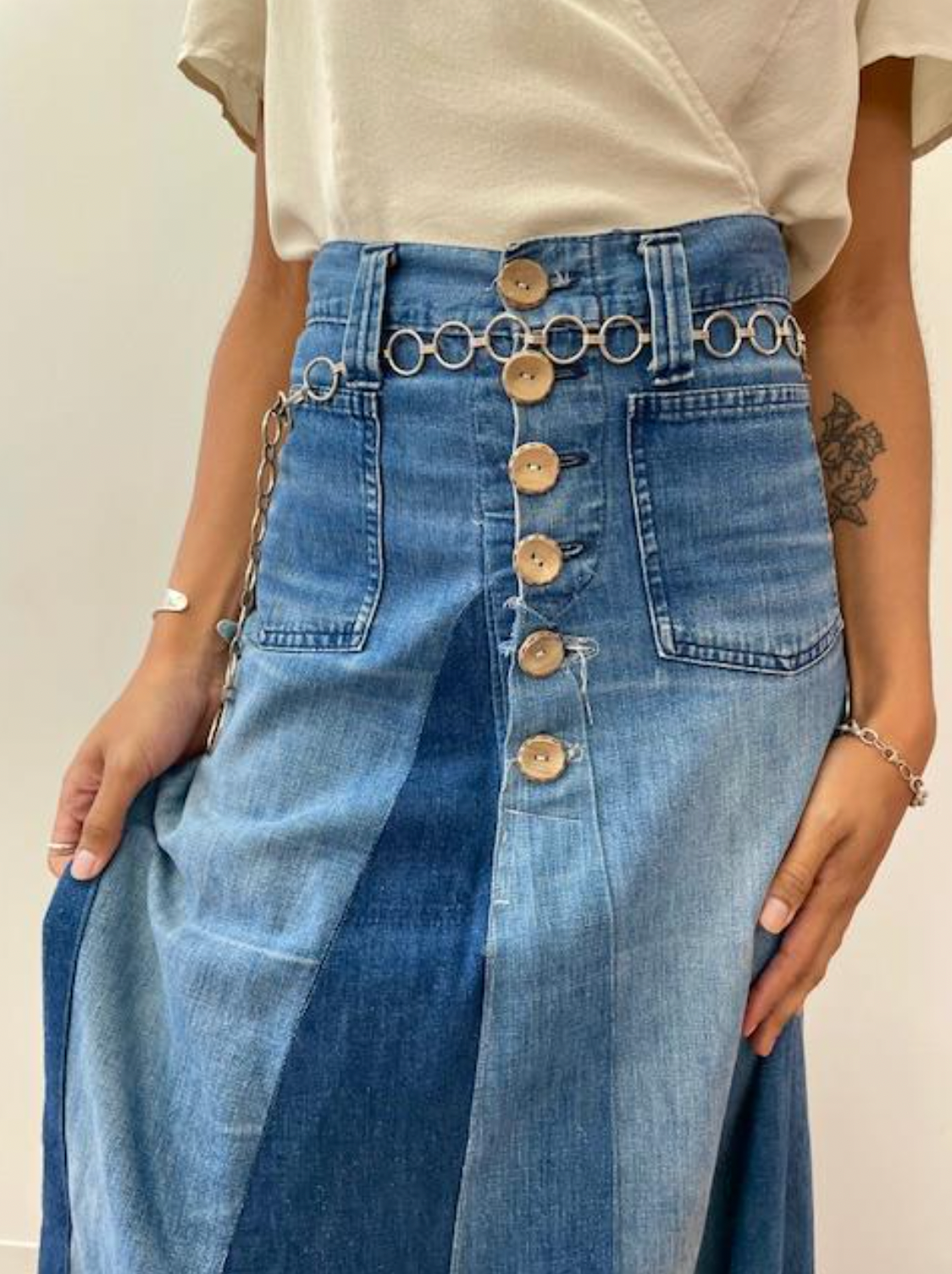 1970s Vintage Denim Handmade Patchwork Maxi Skirt